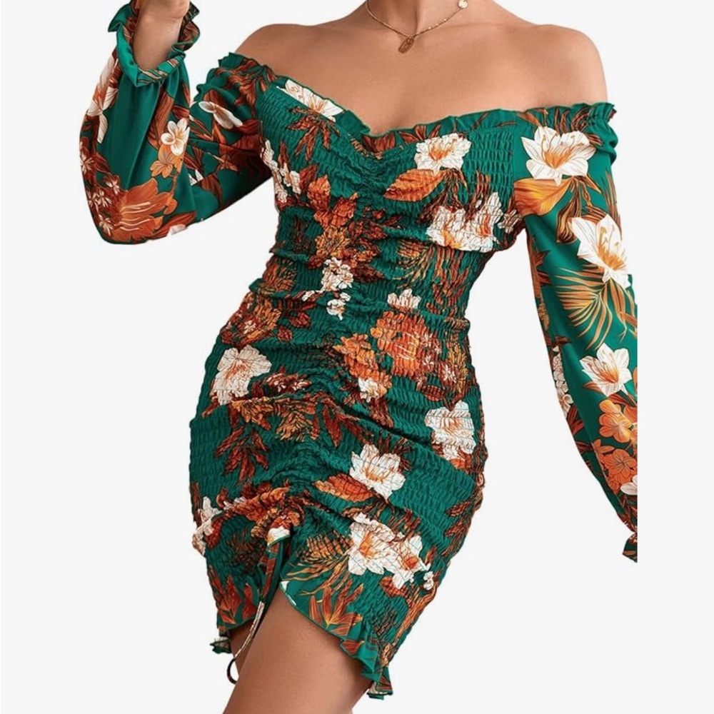 NWT PRETTYGARDEN Teal Floral Smocked Long-Sleeve Tunic Midi Dress